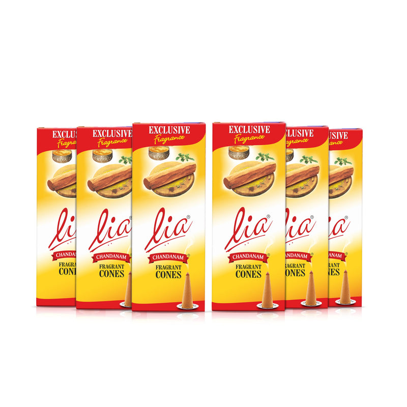 Cycle Pure Lia Chandanam Fragrant Dry Dhoop Cones - 192 Cones with Free Cone Holder | Chandan Fragrance for Daily, Puja, Meditation & other Rituals | Pack of 6 (32 Cones/pack)