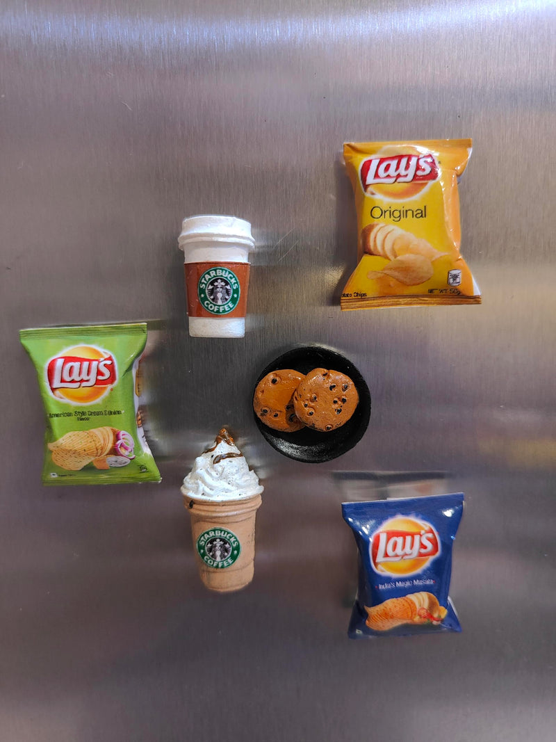 Bumbleberry Chips & Coffee Combo Miniature 3D Food Fridge Magnet | Set of 6 | Kitchen Decor | Handmade in India | 3D Fridge Magnets | Best for Gifting