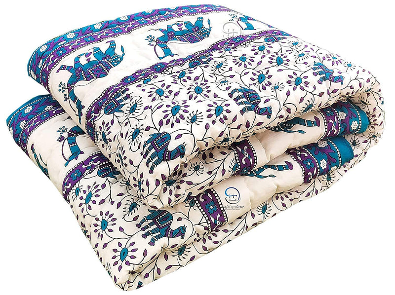 LushHavenDecor Rajasthani Traditional Cotton 240 TC Jaipuri razai rajai ac Blanket Blue Camel Animal Print with Floral Design Single Bed Jaipuri Quilt 55 x 85 inch (Blue) Reversible, Blue