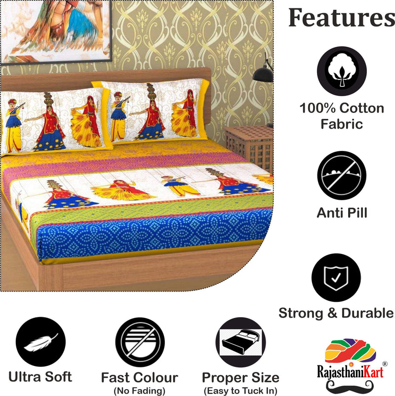 RajasthaniKart® Pure 100% Cotton Double Bed Sheet with 2 Pillow Covers (Bedsheet for Double Bed Cotton, Yellow Kattputli Jaipuri, King Size,5168)