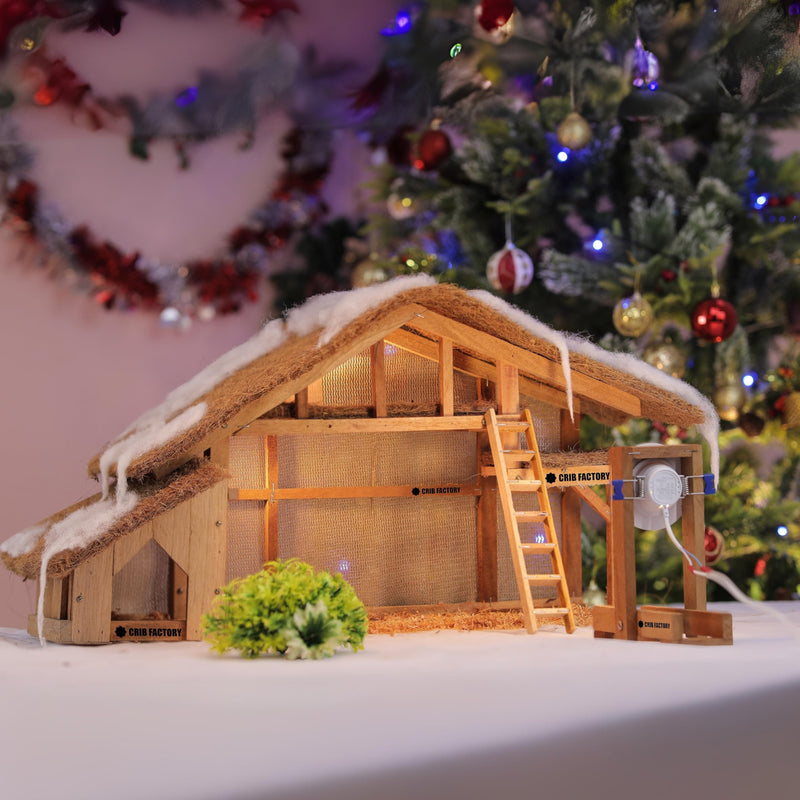 CRIB FACTORY | Natural Finish Wooden Large Size Christmas Crib Set Without Figurines | Size of 62x20x32 CM | Christmas Decor (CFCC01 2024 with spot Light)