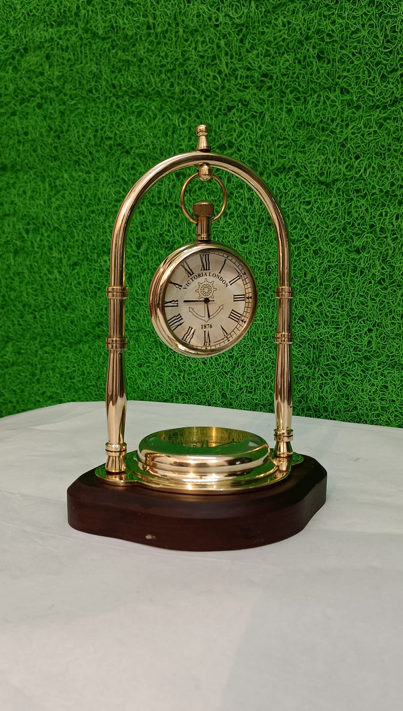 SOHRAB NAUTICALS Antique Brass Hanging Table Watch with Directional Compass Full Brass for Your Office Table & Home Decor and etc, Size L=12.5 H=15.5 CM and dial Compass & Watch Size 5cm