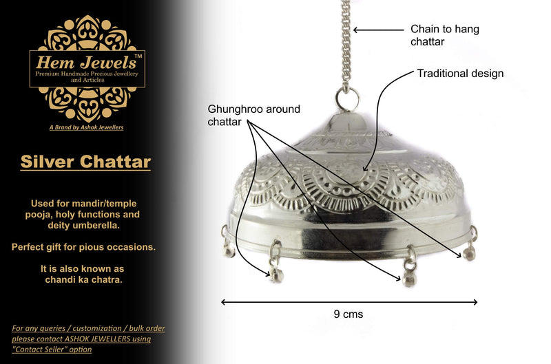 Ashok Jewellers Silver Carved Chatra/Chattar for god and Temple with Attached Hook and Ghunghroo -9CM