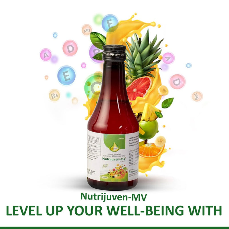 Nutrijuven I MV Syrup I Lycopene I Antioxidant I Multivitamins I Multimineral Syrup I Free Sugar I Mixed Fruit Flavour I 200 ML