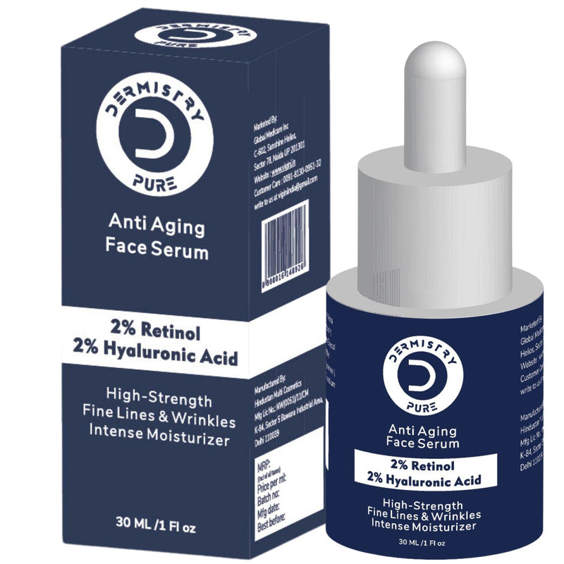 Dermistry 1% Retinol 2% Hyaluronic Acid Anti Aging Best Skin Firming Tightening Face Serum Removes Ageing Fine Lines & Wrinkles Deep Hydration Improves Elasticity Collagen Boost Look Younger Youthful All Skin Types 30ml