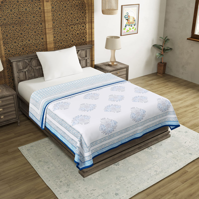 Blocks of India Summer Single Size (60 x 90 Inches) Reversible Hand Block Printed Malmal 100% Cotton Dohar (Blue Buta)