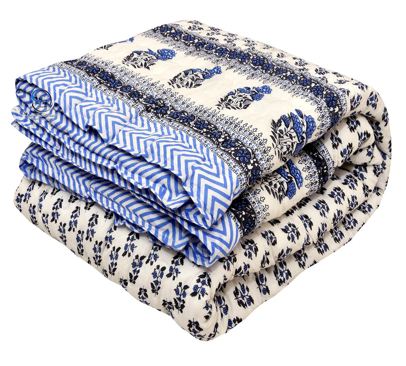 LushHavenDecor Rajasthani Light Weight Single Bed Soft Jaipuri AC Quilt/Razai Designer Cotton Quilts Blankets for Home (Size 55X85 inch) Single Bed Quilt/Razai/Rajai-Set of 2 (Blue and White)