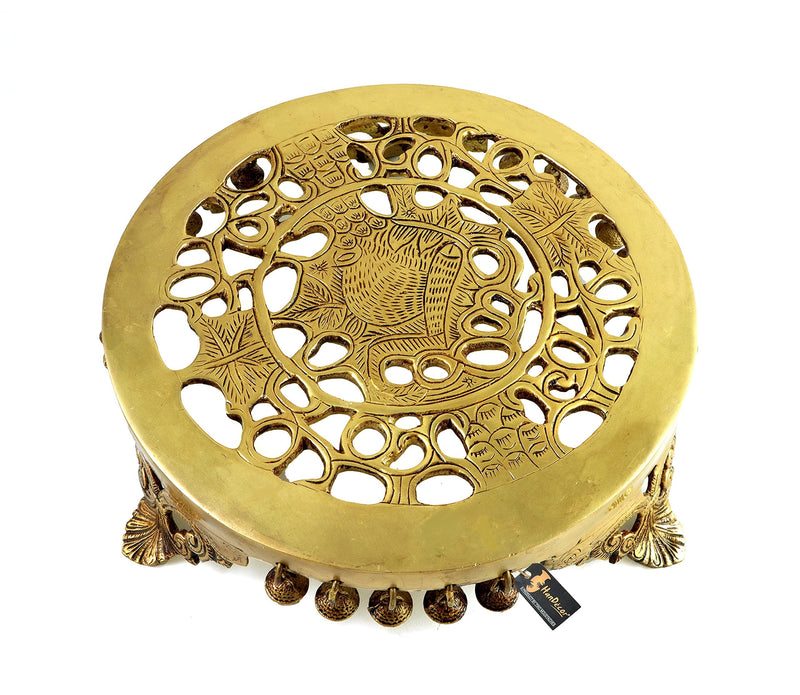 Two Moustaches Ethnic Pillar Design Handcrafted 10 Inches Round Brass Pooja Chowki, Weight - 3 Kg, Antique Yellow