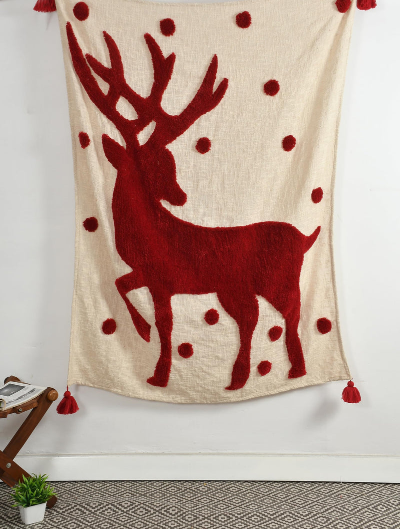 Mansa Enterprises Christmas Throw Boho Throw Christmas Tufted Blanket Cotton Throw Decorative Christmas Blanket Deer Christmas Deer Throw Blanket Tufted Deer Throw