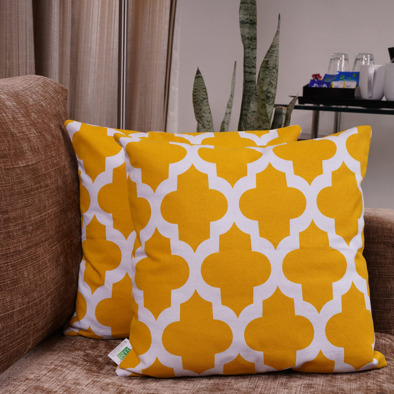 HOMEMONDE Cotton Cushion Cover 16 X 16 Inches - Set Of 2 Quatrefoil Pattern Sofa Pillow Covers, Yellow, 250 TC