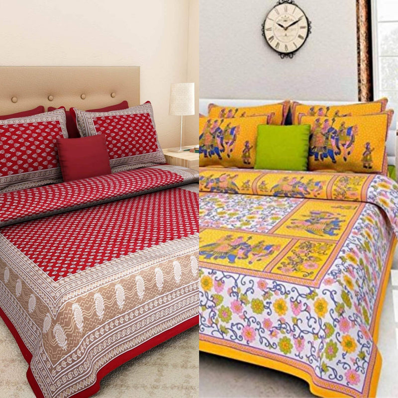 Ealth Kart Cotton Rajasthani Jaipuri Floral Bedsheets Combo Set of 2 Double Bedsheets with 4 Pillow Covers - (King Size, Multicolour)