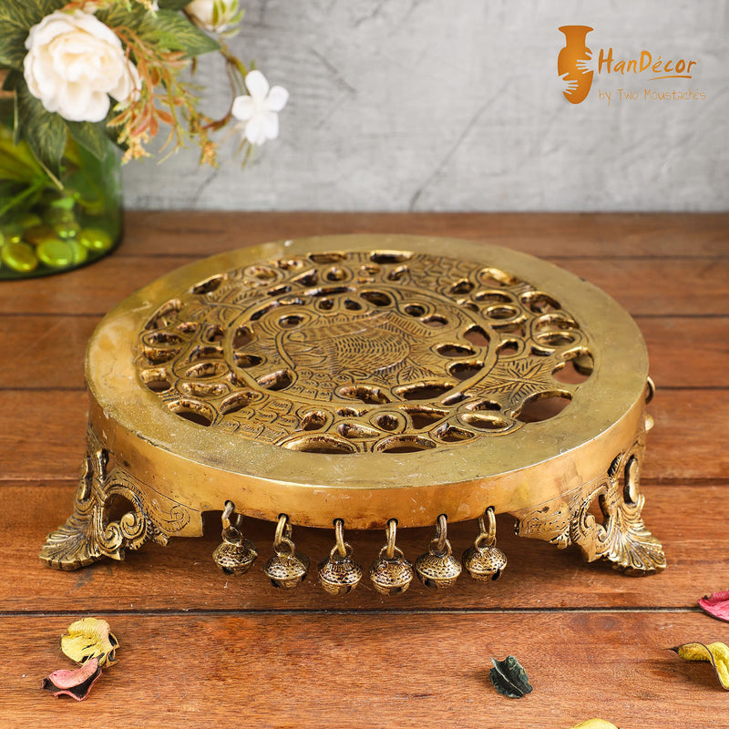 Two Moustaches Ethnic Pillar Design Handcrafted 10 Inches Round Brass Pooja Chowki, Weight - 3 Kg, Antique Yellow