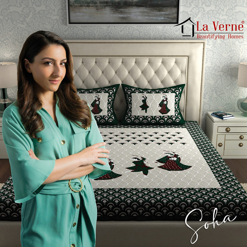 La Verne104 TC 100% Cotton Jaipuri Rjasathani Hand Print Bedsheet with 2 Pillow Covers (Green)