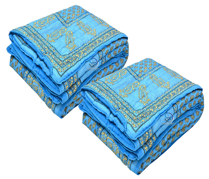 HASHIREX 300 TC Single Bed Jaipuri Razai Organic Pure Cotton Jaipuri rajai Ac Quilt for All Season Soft Light Weight Rajasthani Traditional Cotton Comforter 85 x 55 inch SkyBlue, Pack of 2