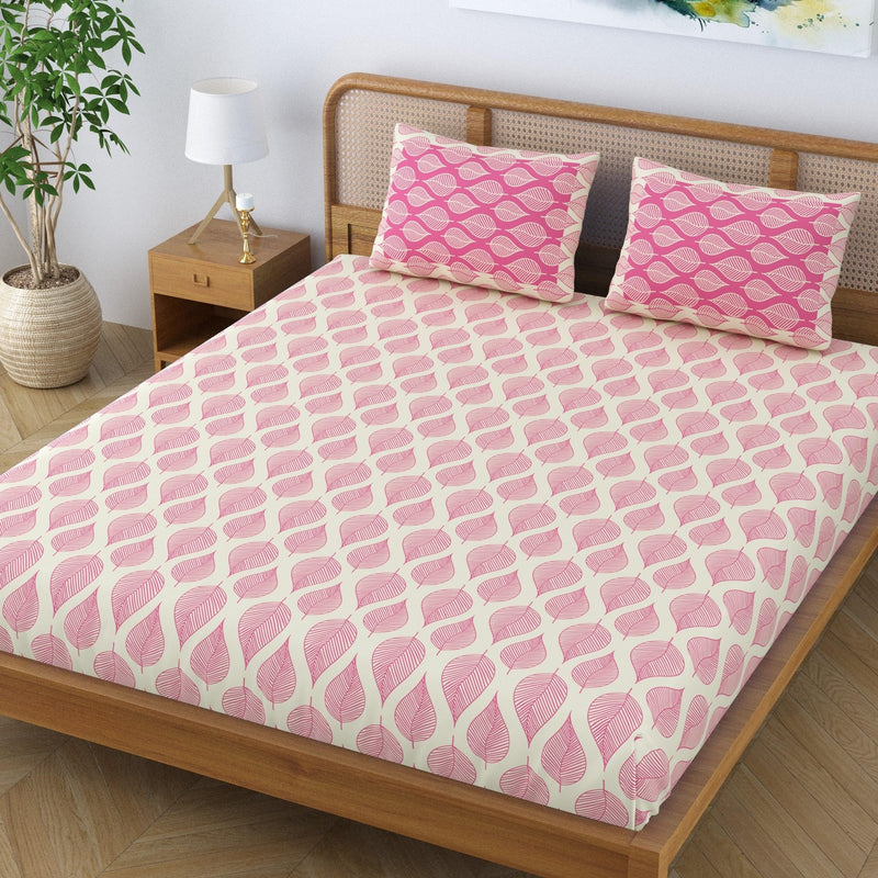 SheetKart Pure Cotton Aspen Leaves Printed Elegant Jaipuri Bedsheet for Double Bed King Size with 2 Pillow Covers - Bright Pink