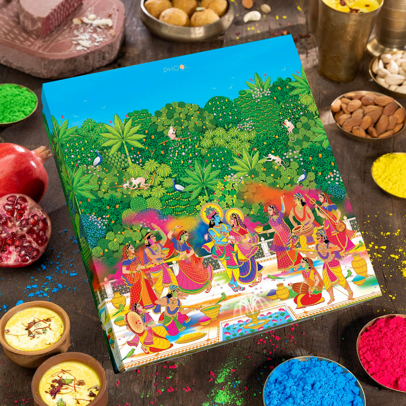 Phool Vrindavan Holi Gulal Collection 4 Vibrant Natural Gulaal Colors with Mishrambu Kesaria Thandai, Chandan Tika, & Holi Greeting Card Premium Holi gulal box Holi colours