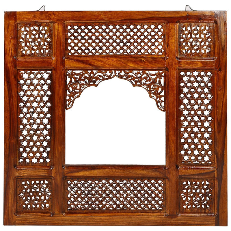 Aarsun Handmade Wooden Jharokha Wall Hanging Mirror Frame- Brown, square, framed