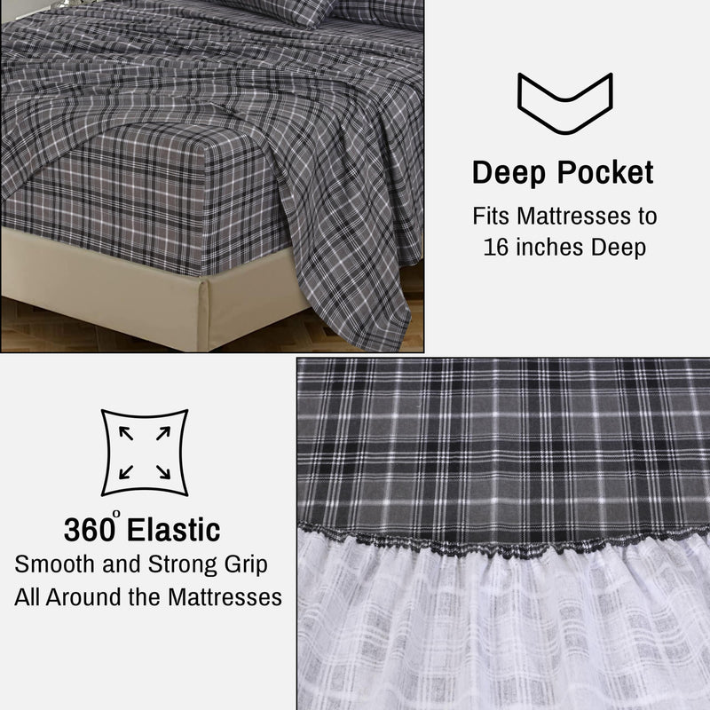 RUVANTI 100% Cotton 4 Pcs Flannel Sheets Full, Deep Pocket, Warm, Super Soft, Breathable, Moisture Wicking Full Size Sheet Sets, Bed Sheets Include Flat, Fitted Sheet,2 Pillowcase - Grey Plaid