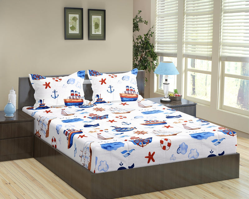 Trance Home Linen Design 180TC 100% Cotton King Size Cartoon Printed Kids Bedsheet | Bedding Set of King Size Flat Bed Cover with 2 Pillow Covers (108x108 inch | 9ft x 9ft - Boat Blue)