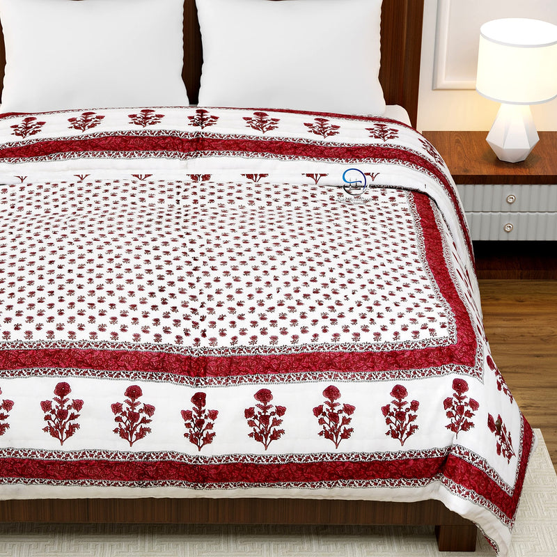 Hashirex Craft 240 TC Single Bed Cotton Jaipuri Razai Bed Blanket Ac Quilt for Winter and Summer Soft Rajasthani Traditional Rajai Cotton Comforter 90 x 60 inch Maroon