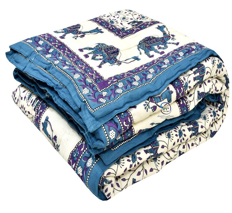 THROWS HOME DECOR Rajasthani Traditional Cotton Jaipuri razai rajai ac Blanket Blue Camel Animal Print with Floral Design Single Bed Jaipuri Quilt 55 x 85 inch ( Blue ) Reversible ( Both Sided )