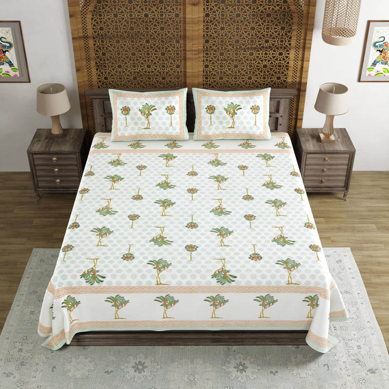 BLOCKS OF INDIA Hand Block Printed 200 TC Cotton Super King Size Bedsheet(106 x 106) (Green Tree)