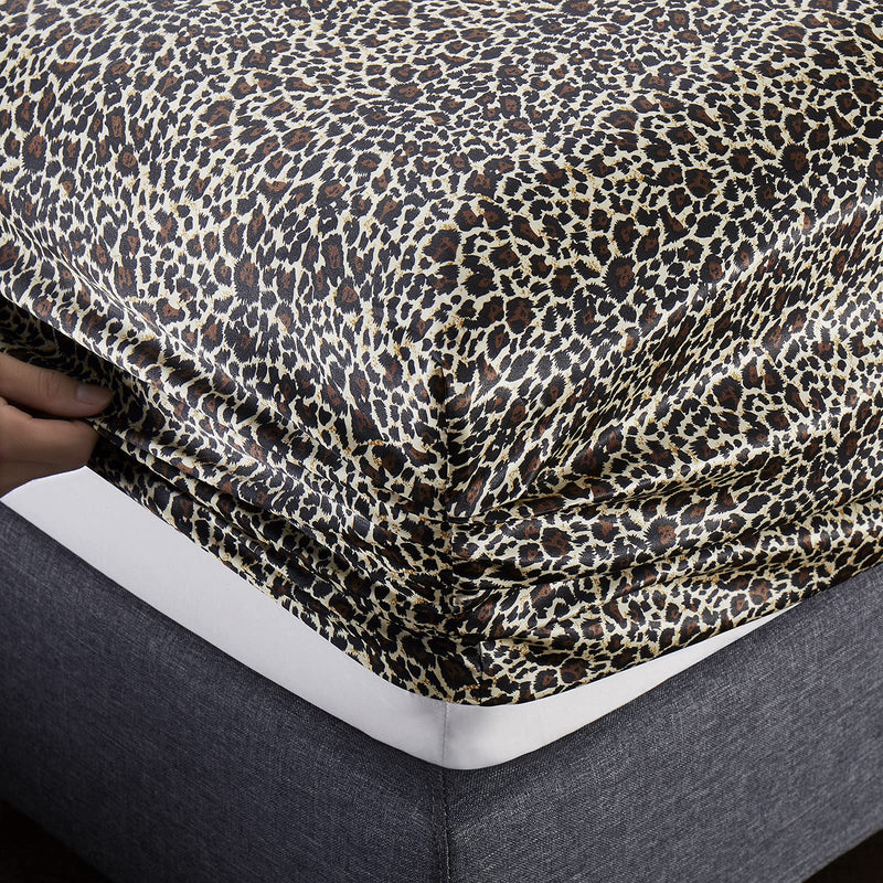 Vonty Satin Sheets King Size Silky Soft Satin Bed Sheets Leopard Print Satin Sheet Set, 1 Deep Pocket Fitted Sheet + 1 Flat Sheet + 2 Pillowcases