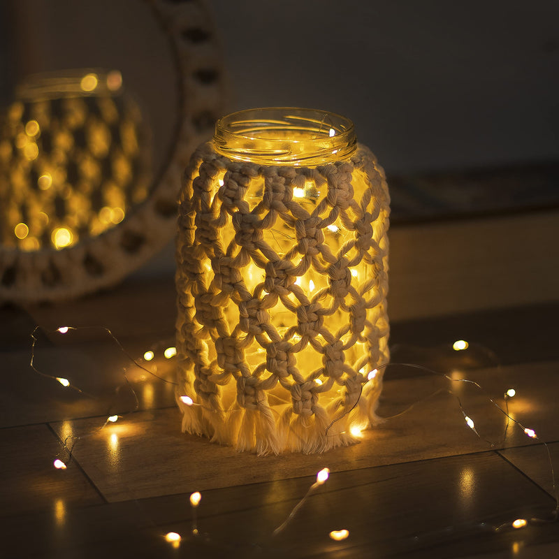 Decazone ® Macrame Cover with Glass Jar Handmade of Pure Cotton Ropes for Bohemian Table Decor Bedroom Living Room LED String Light Included