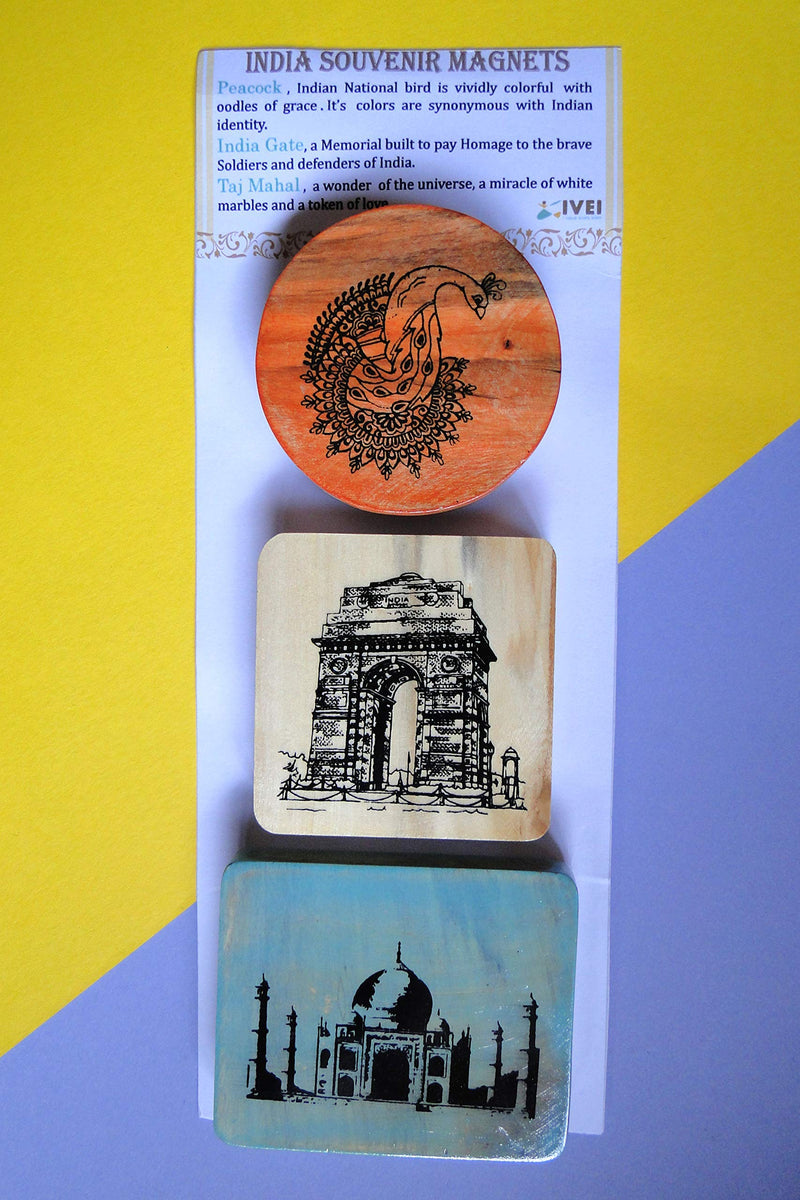 IVEI Wooden Magnets � Taj Mahal, India Gate, Peacock Print � Fridge Magnet � Innovative Magnets for Home and Kitchen Decoration - Independence Day Gifts (Set of 3)