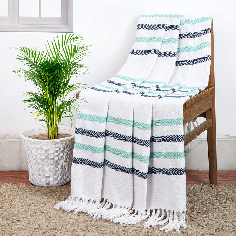 Cazimo Soft 100% Cotton Throws for Sofa & Bed - 49 * 60 inches, Blue and Green