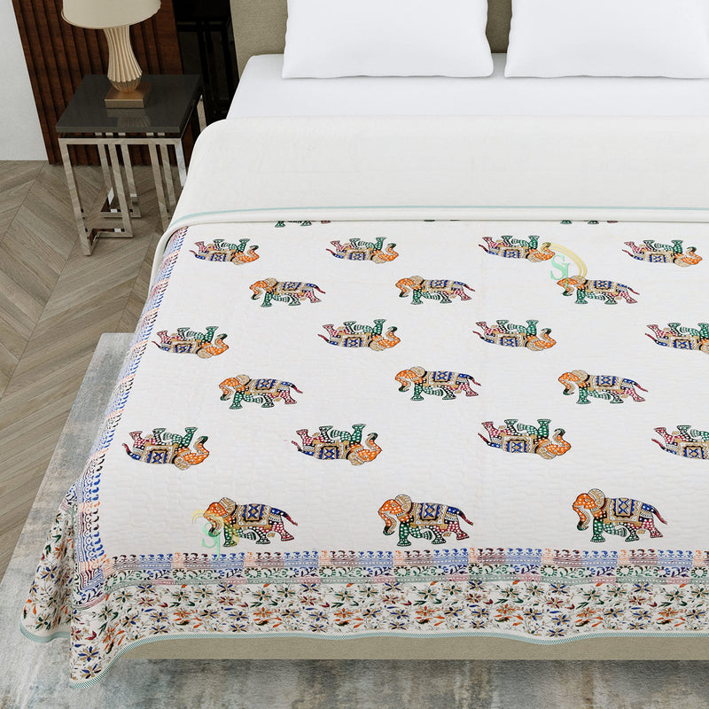 S J Jaipur Rajai Galaxy Cotton Rajasthan Traditional Sanganeri Elephant Print Full Double Bed Gold Print White Jaipuri Razai