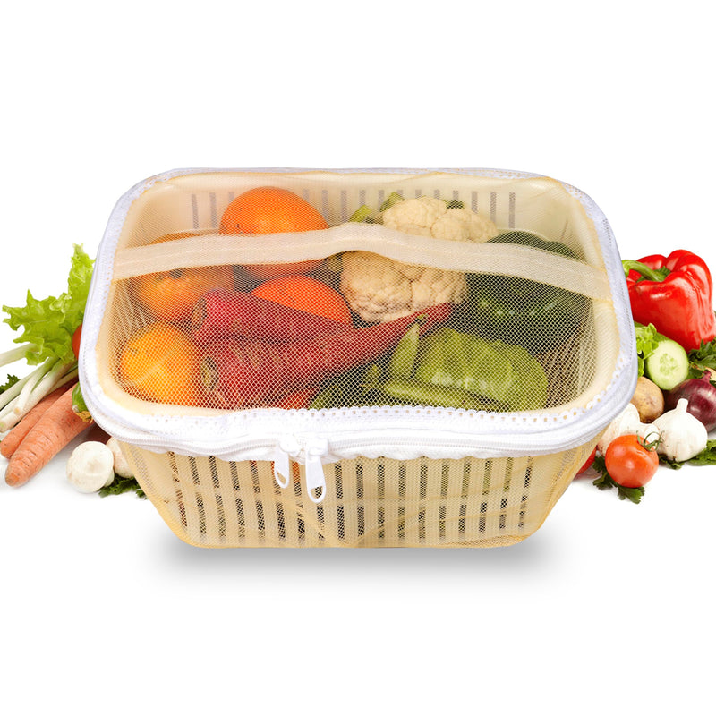 CRELZOS Vegetables Basket with Net Cover - Stylish Fruit Basket for Kitchen, Space-Saving Vegetable Storage Rack - Keep Your Kitchen Organized and Fresh with Practical and Elegant Solution (White)