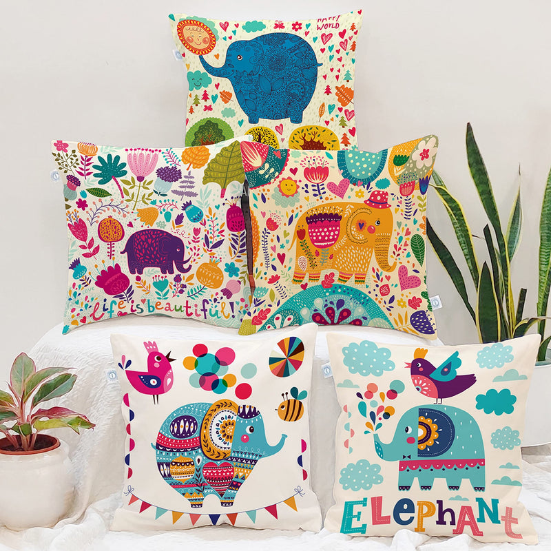 STITCHNEST Unique Cute Elephant Cartoon Blue Printed Canvas Cotton Cushion Covers, Set of 5 (12 x 12 Inches)