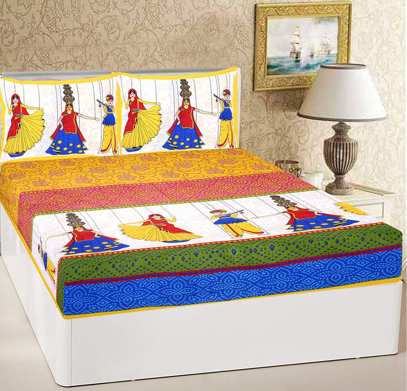 RajasthaniKart® Pure 100% Cotton Double Bed Sheet with 2 Pillow Covers (Bedsheet for Double Bed Cotton, Yellow Kattputli Jaipuri, King Size,5168)