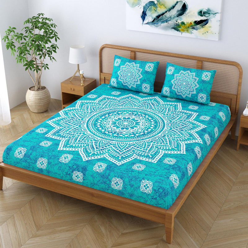 SheetKart Cotton Blend Traditional Mandala Jaipuri Printed Bedsheet for Double Bed King Size with 2 Pillow Covers - Sea Green