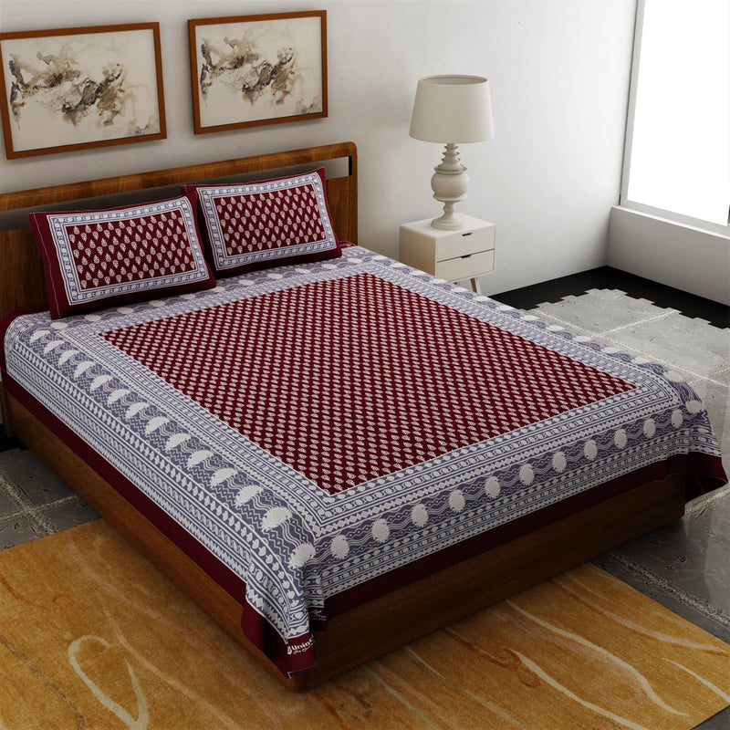 UniqChoice Maroon Color Rajasthani Traditional Printed Double Bedsheet | 120 TC 100% Cotton |with 2 Pillow Cover