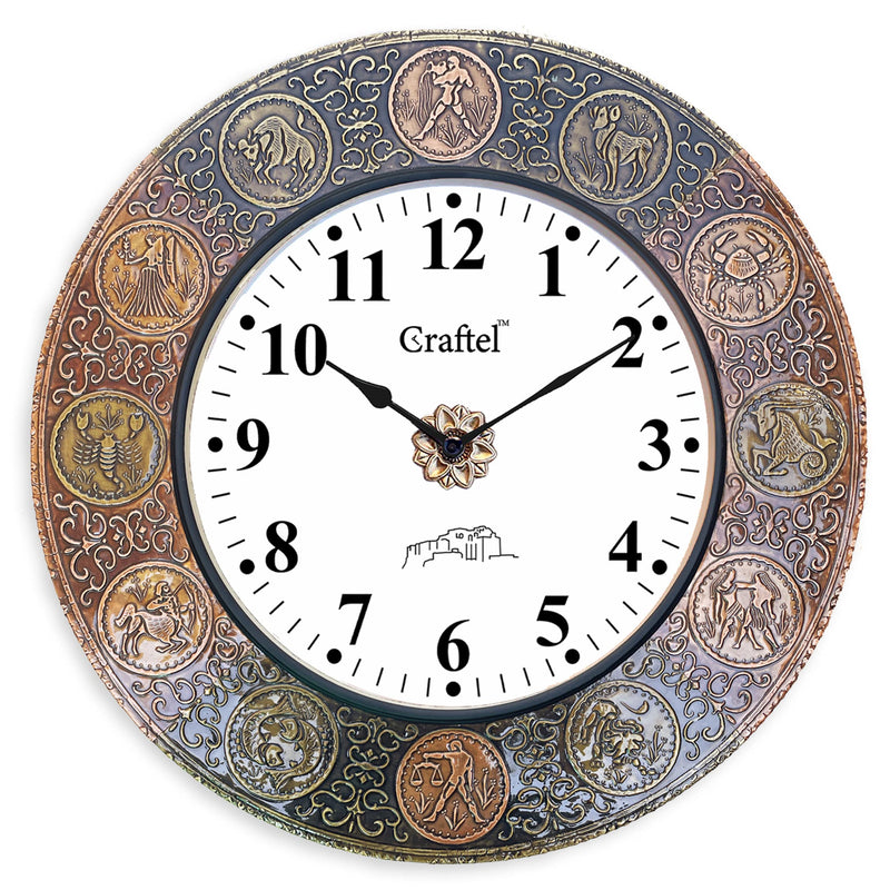 CRAFTEL Brass and Copper Zodiac Rashi English Dial Abstract Wall Clock for Bedroom Living Room and Home (Gold/Copper 18 x 18 inch)