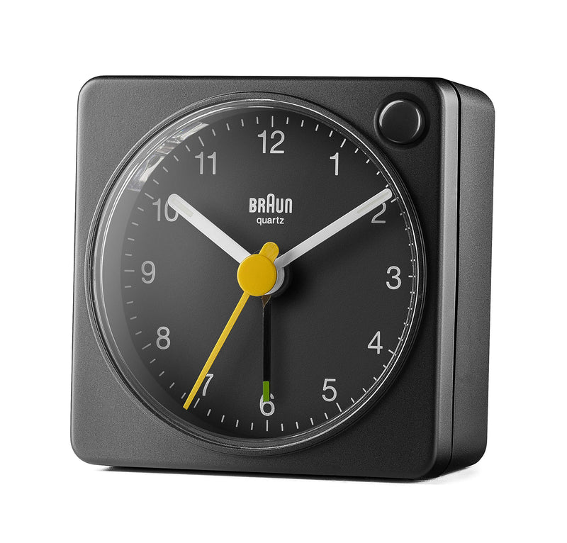 Braun Classic Travel Analogue Clock with Snooze and Light, Compact Size, Quiet Quartz Movement, Crescendo Beep Alarm in Black, Model BC02XB, One