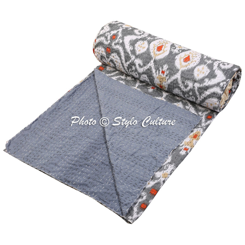 Stylo Culture Cotton Indian Quilt Double Bedspread (274x228cm, Grey)