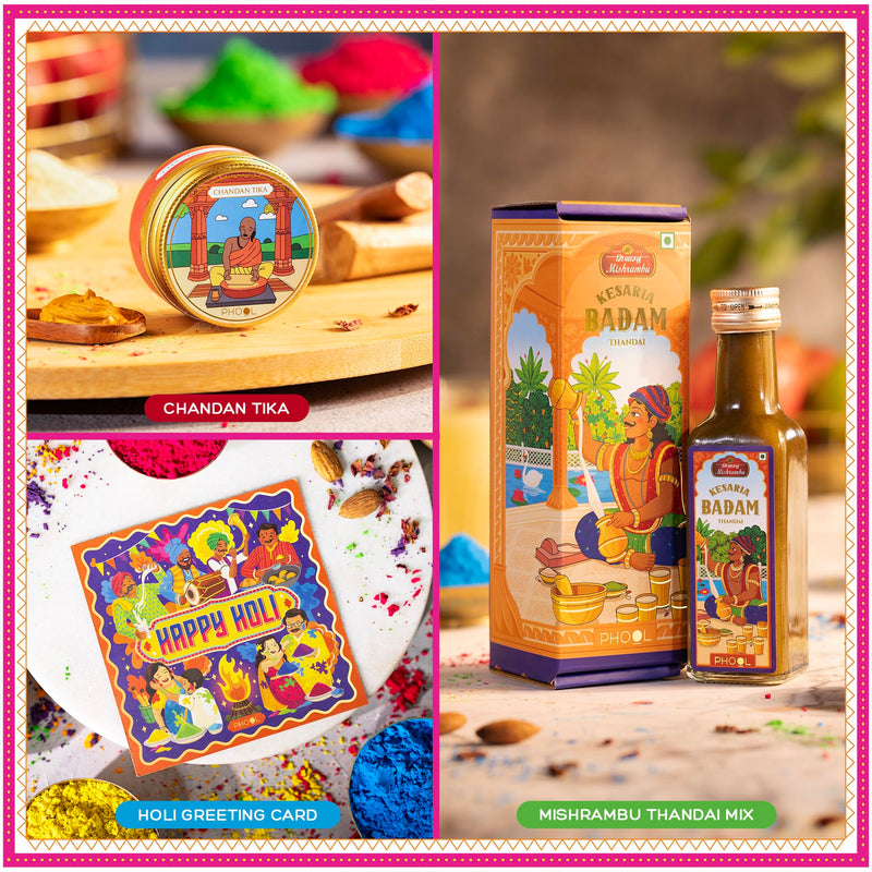 Phool Vrindavan Holi Gulal Collection 4 Vibrant Natural Gulaal Colors with Mishrambu Kesaria Thandai, Chandan Tika, & Holi Greeting Card Premium Holi gulal box Holi colours