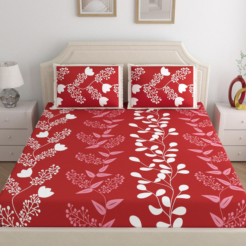 Home Ecstasy 100% Cotton Double Bedsheet for Double Bed, 140 TC, 1 Bed Sheet (Size 86 x 94 inches) lace Outline with 2 Pillow Covers, Red