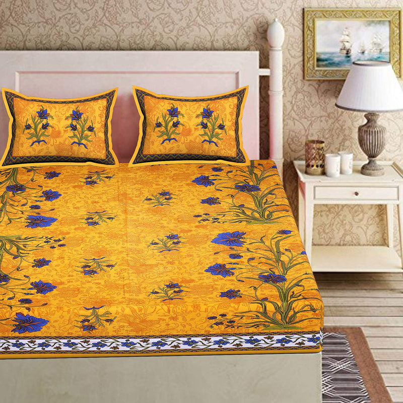 RajasthaniKart® Pure 100% Cotton Double Bed Sheet with 2 Pillow Covers (Bedsheet for Double Bed Cotton, Yellow Kashmirkalli Jaipuri, King Size,5167)