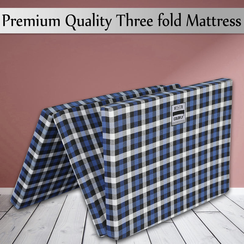 COLOFLY Foldable UHD Foam Three Fold Single Bed Reversible Mattress Blue & White (Size - 72 x 35 x 2 Inches) Lightweight Gadda for Guests Travel Picnic