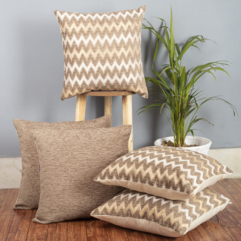 Cazimo Jacquard Chevron Design Cushion Covers 16*16 inches, Set of 5, (Beige)