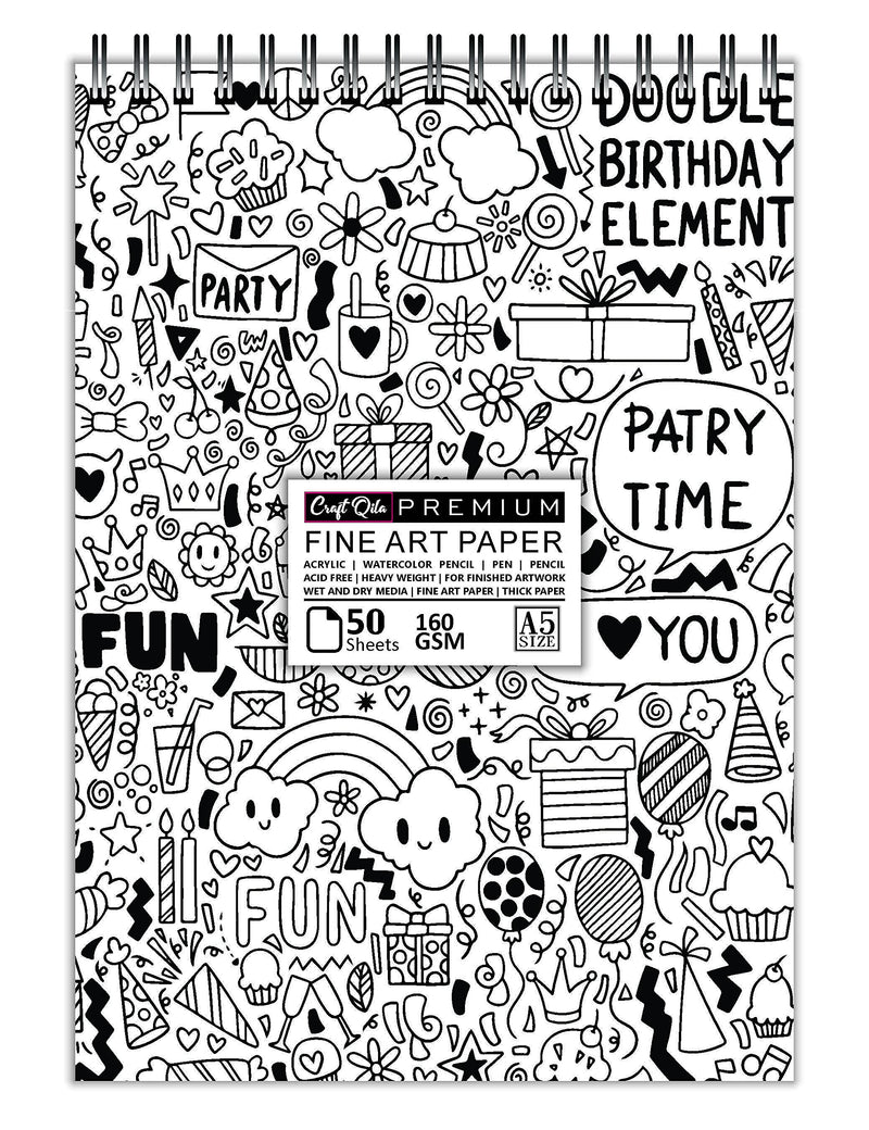 Craft Qila Party Time (50 Sheets, 100 Pages) A5 Sketchbook | Top Spiral-Bound Sketchpad for Artists | Professional Grade Drawing and Sketchbook Acrylic, Ink, Paper