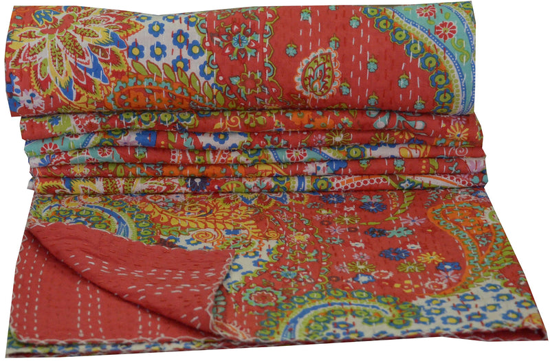 Handicraft-Palace Red Paisley Printed Bedding Kantha Quilt Ralli Gudri Cotton Single Reversible Bedspread Blanket 90"x60"