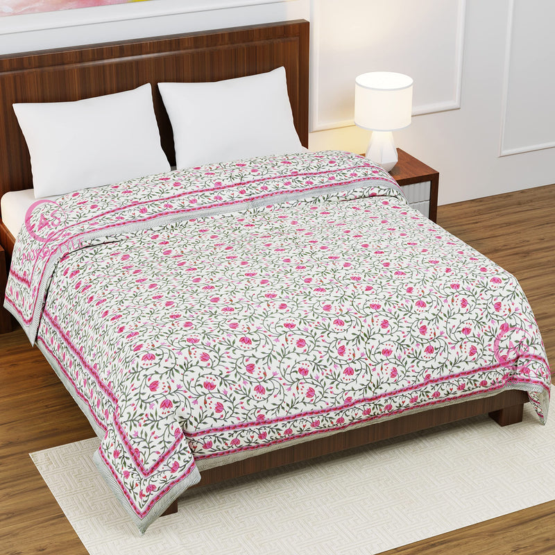 AUROSTYLE 400 TC Pure Cotton Double Bed Soft Jaipuri AC Quilt/Razai/Rajai Floral Print,Jaipuri razai Double Bed for Winter Printed,( Pink & Green, 85 x 100 inch, Double Bed), breathable