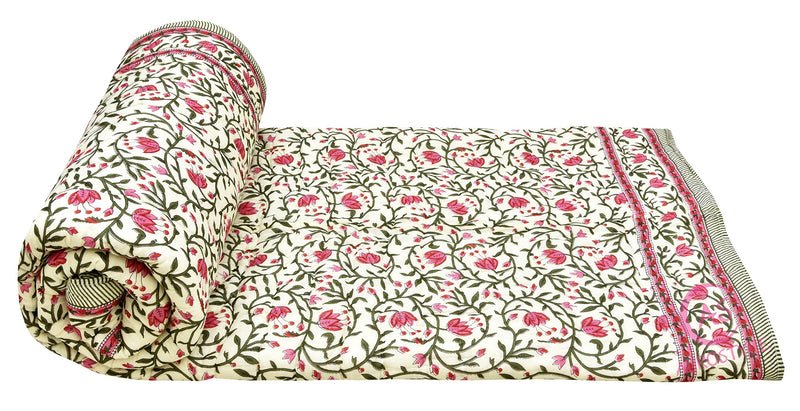 AUROSTYLE 400 TC Pure Cotton Double Bed Soft Jaipuri AC Quilt/Razai/Rajai Floral Print,Jaipuri razai Double Bed for Winter Printed,( Pink & Green, 85 x 100 inch, Double Bed), breathable