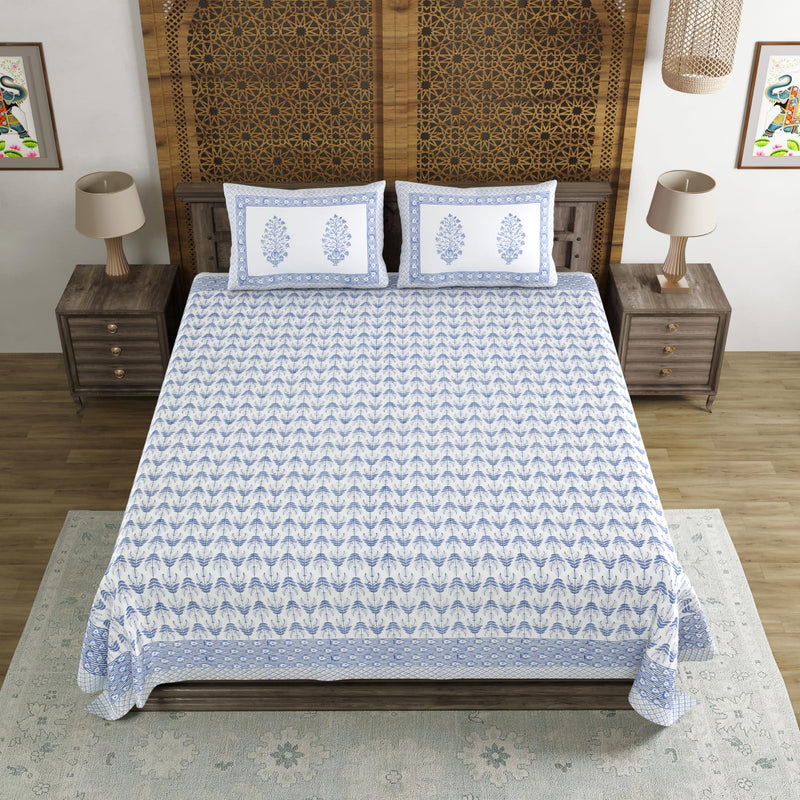 BLOCKS OF INDIA Hand Block Printed 200 TC Cotton King Size Bedsheet (Blue Leaf)