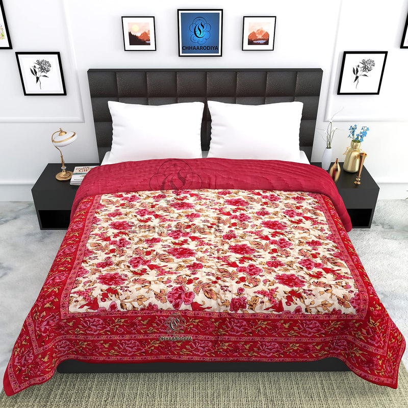 LILFLY Organic Cotton Jaipuri Razai Bed Blanket Ac Quilt for Winter and Summer Soft Light Weight Rajasthani Traditional Rajai Cotton Comforter, Double Bed Quilt, Pack of 1. (M-04)